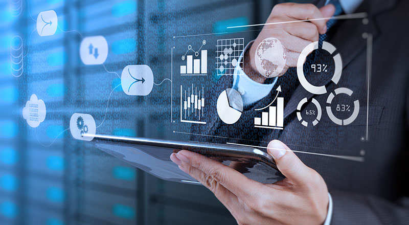 Data Management System (DMS) with Business Analytics concept. businessman working with provide information for Key Performance Indicators (KPI) and marketing analysis onn virtual computer